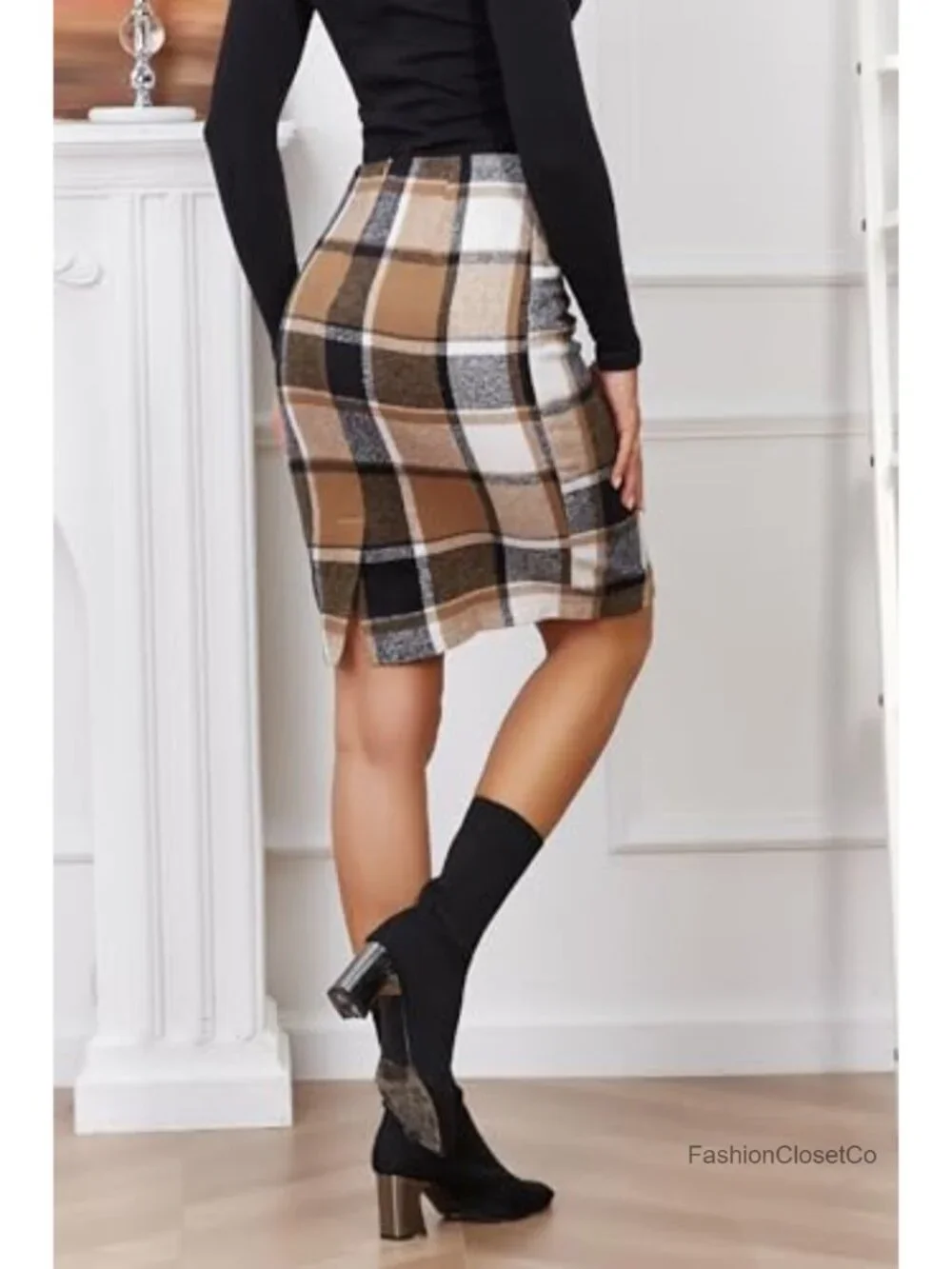 Women Wool Plaid High Waist Pencil Midi Skirt with Back Split